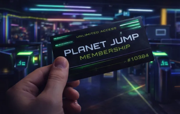 Planet Jump membership card held up against a vibrant park backdrop.