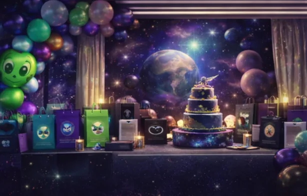 Planet Jump party area with cosmic decor and group seating.