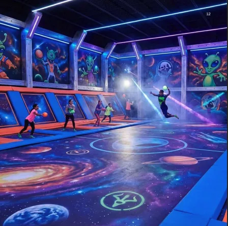 Planet Jump attraction zone with vivid lighting and immersive play structures.